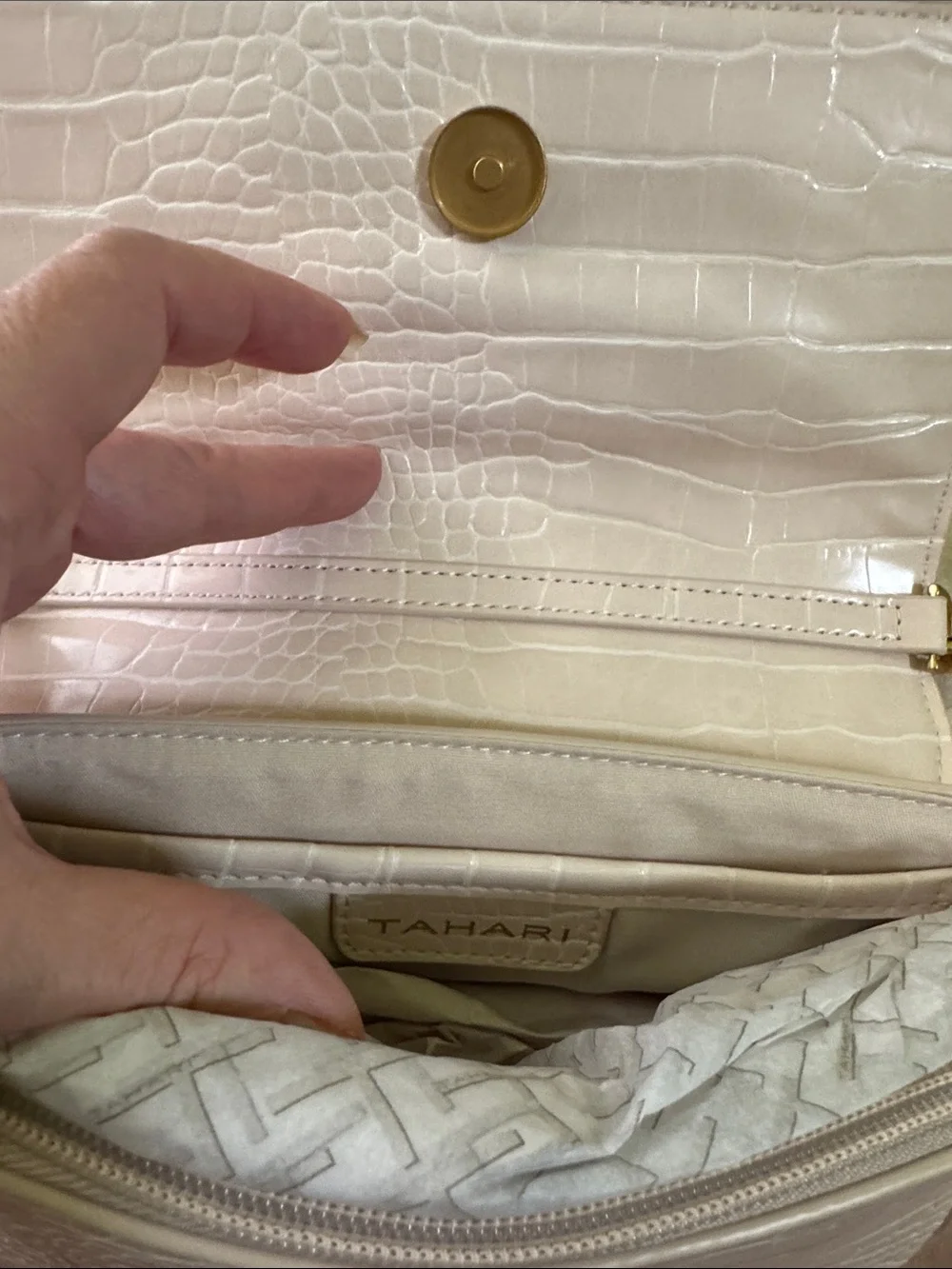 Tahari Cream Croc-Embossed Flap Crossbody Bag with Gold Hardware